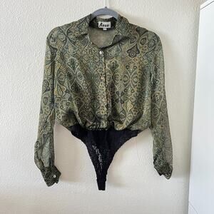 Vintage Anue Ligne Womens Green Paisley Bodysuit Blouse Sz Petite S/M 80S Hippie
